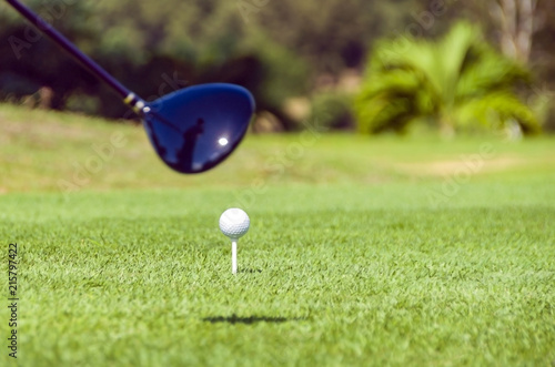 Golf equipment, golf ball with tee on course and stick