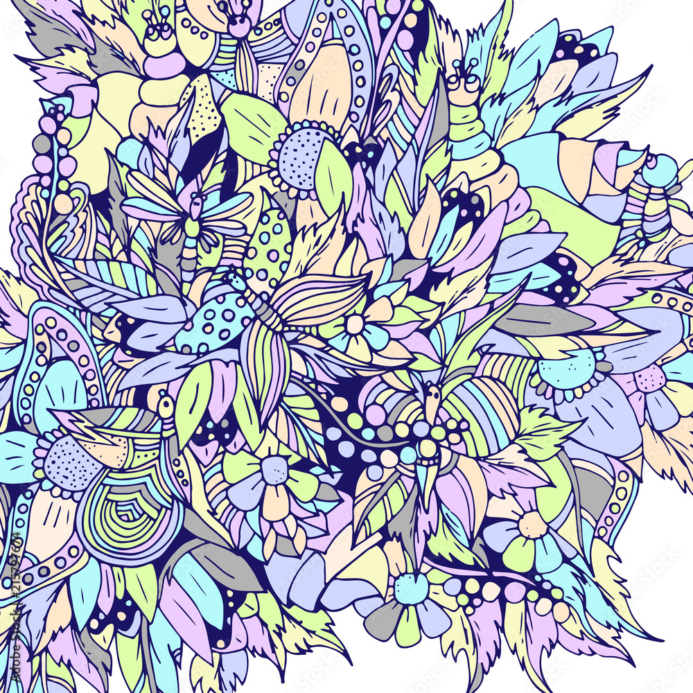 Fototapeta Abstract floral pattern, hand drawn doodle