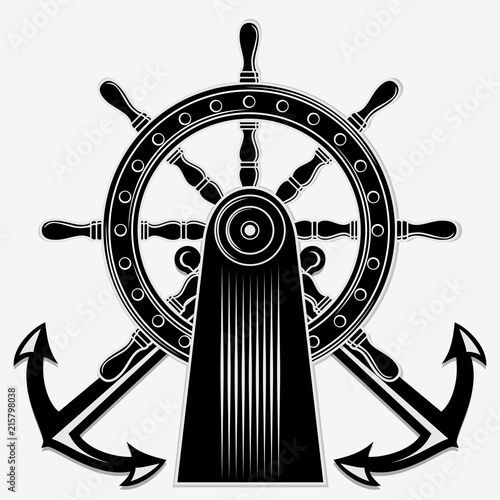 Ship Steering Wheel and Crossed nautical anchors. Vector illustration.