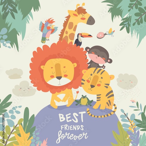 Happy jungle animals. Best friends