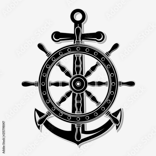 Ship Steering Wheel and Anchor. Icon isolated on white background. 