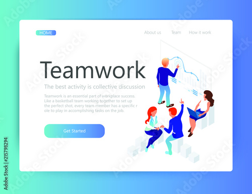 People are working together to solve the problem. Teamwork, page layout. isometric 3d