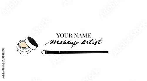 Makeup artist business card. Vector template with face cosmetic: Foundation concealer cream and black makeup brush. Beauty Logo Design Template