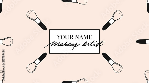 Make up artist business card. Vector template with with makeup brushes seamless pattern design make-up on beige background. Beauty makeup concept. Makeup artist design for web or card.