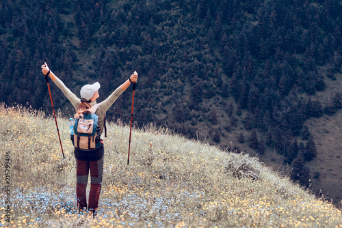Happy Hiker with Backpack and trekking sticks looking green forest of the mountain range