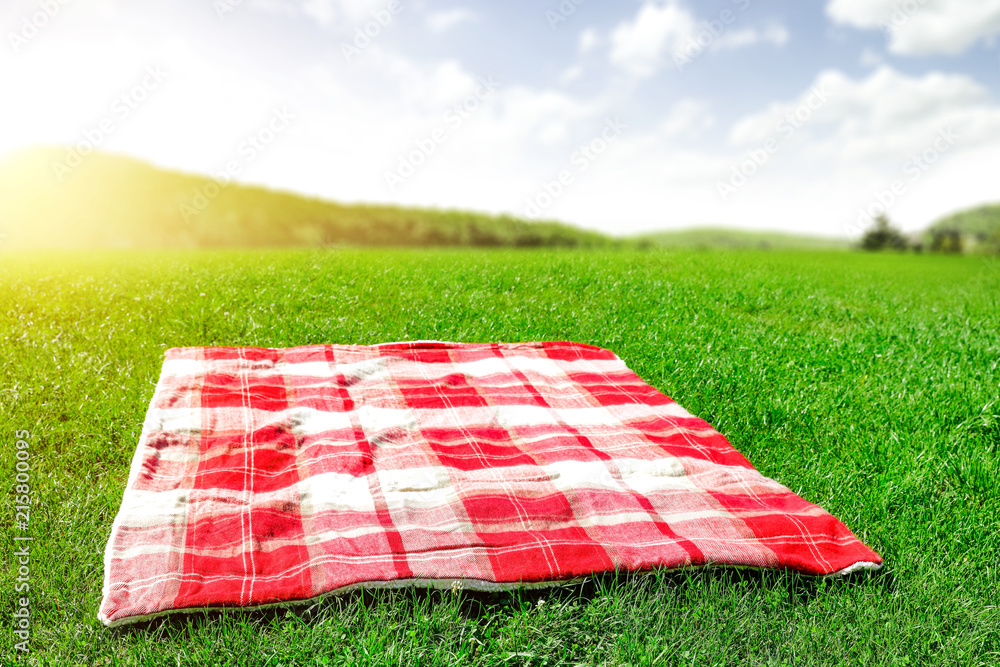 Summer photo of blanket on green grass and free space for your decoration.  - obrazy, fototapety, plakaty 