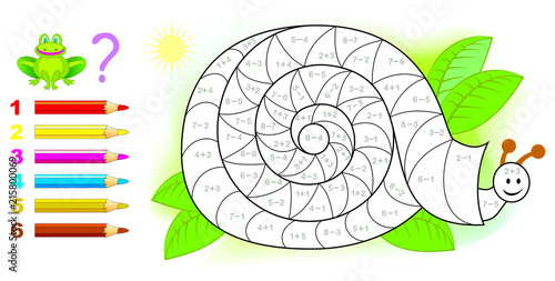 Educational page with exercises for children on addition and subtraction. Need to solve examples and to paint the snail in relevant colors. Developing skills for counting. Vector image.