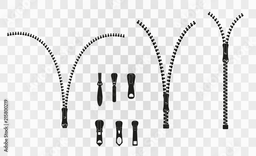 Vector illustration. Zippered lock and unlock. Zipper buttoned. Closed and open zipper. Set.