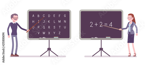 Male and female teacher at blackboard