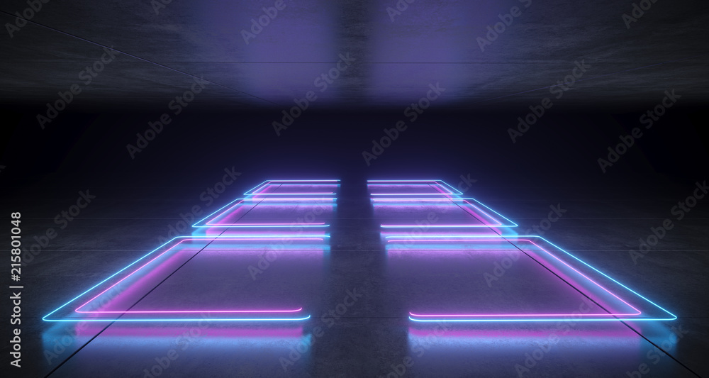 Naklejka Futuristic Sci-Fi Bracket Shaped Neon Blue And Purple Glowing Lights With Reflections On Concrete Floor And Ceiling Dark Empty Space 3D Rendering