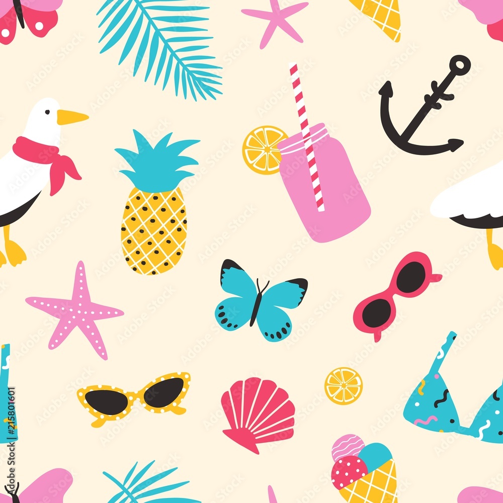 Summertime seamless pattern with exotic fruits, seashells, seagull, tropical leaves, sunglasses, butterflies. Summer backdrop. Vector illustration for fabric print, wrapping paper, wallpaper.