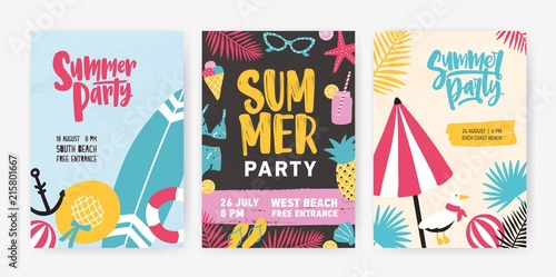 Set of tropical poster or invitation templates for summer beach party announcement. Modern vector illustration in cartoon style for summertime dance event or open air festival advertising or promo.