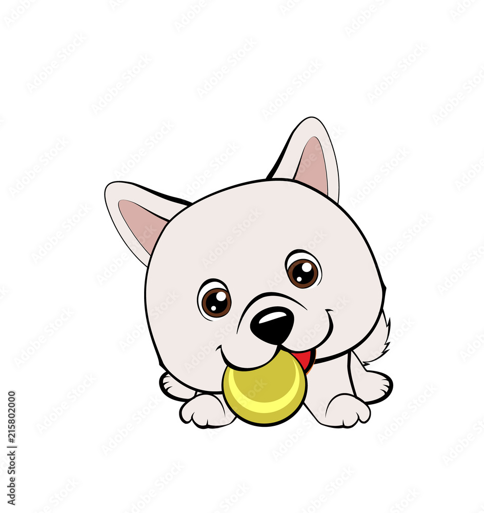 Vector cartoon style drawing of a playful puppy playing with a tennis ball.Australian shepherd cartoon. Eskimo Dog or Spitz.