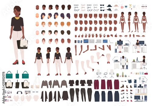 African American woman secretary, manager or office assistant DIY or animation kit. Set of female character body parts and formal clothing isolated on white background. Cartoon vector illustration.