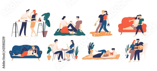 Collection of romantic couple spending time or relaxing together - having picnic, reading books, drinking coffee or wine, playing guitar, walking. Colorful vector illustration in flat cartoon style.