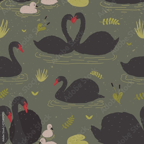 Seamless pattern with black swans and brood of cygnets floating in pond or la...