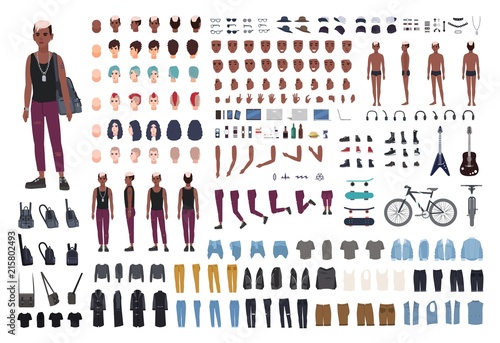 Punk rocker DIY or animation kit. Bundle of young male character or teen body elements, postures, outfit, counterculture accessories isolated on white background. Flat cartoon vector illustration.