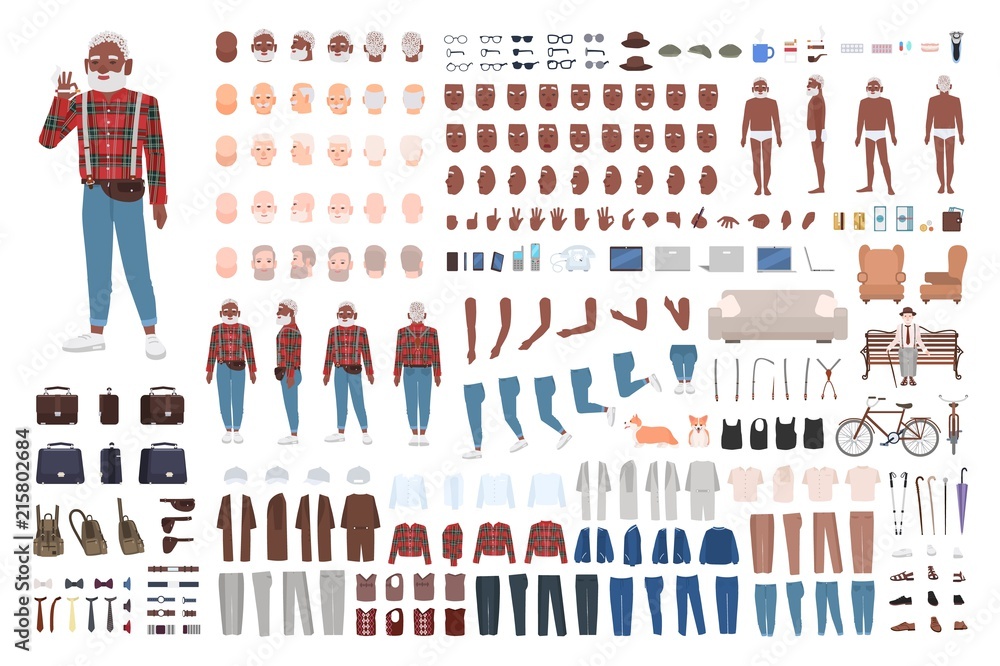 Stylish elderly man constructor or creation kit. Bundle of male character body parts, emotions, trendy clothing isolated on white background. Front, side and back views. Cartoon vector illustration. Stylish elderly man constructor or creation kit. Bundle of male character body parts, emotions, trendy clothing isolated on white background. Front, side and back views. Cartoon vector illustration.