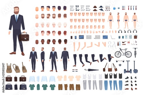 Businessman constructor or DIY kit. Set of male office worker or clerk body parts, postures, clothing isolated on white background. Front, side and back views. Flat cartoon vector illustration.