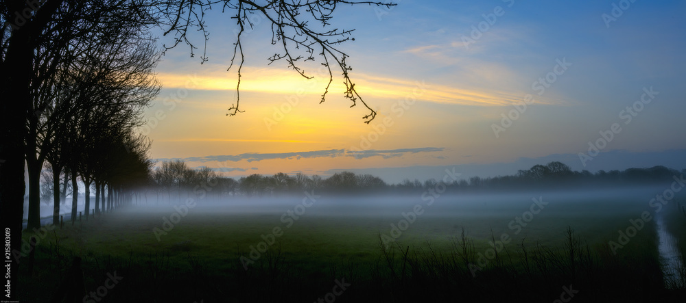 Sunrise with fog over the field