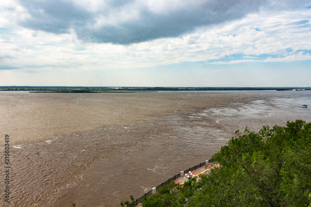 Flood on the Amur river near the city of Khabarovsk Russia. 31.07.2018.
