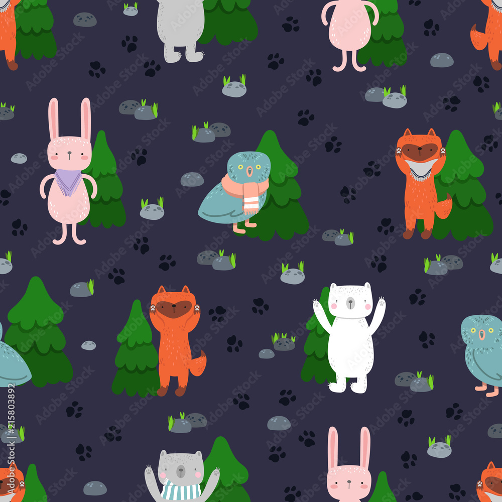 Cute cartoon. Funny animals, bear, bunny, fox, owl. Vector seamless pattern. Cute cartoon. Funny animals, bear, bunny, fox, owl. Vector seamless pattern.