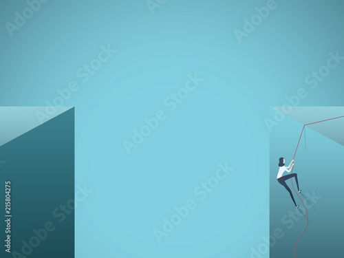 Business ambition and motivation concept. Never give up, determination, aspiration and leadership symbol. Woman climbing rope on a cliff.