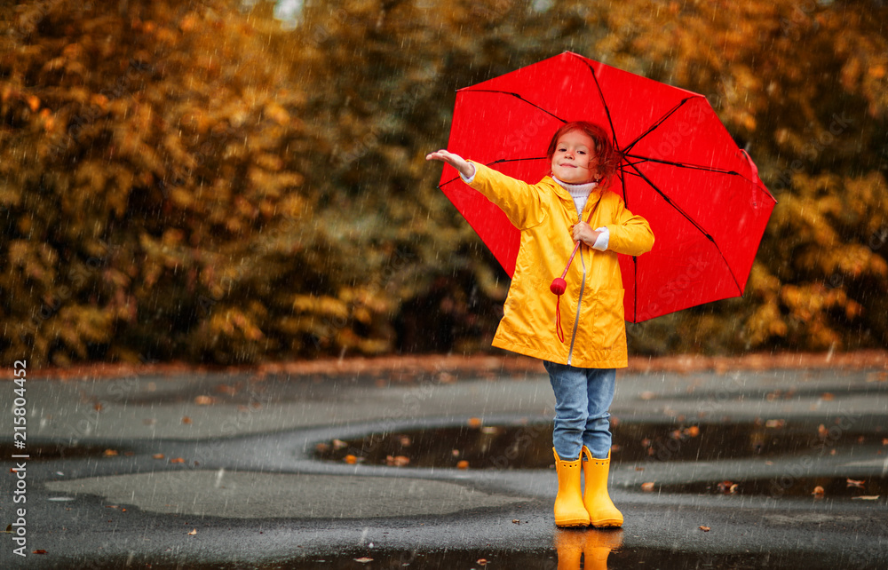 Fototapeta premium happy child girl with an umbrella and rubber boots in puddle on autumn walk