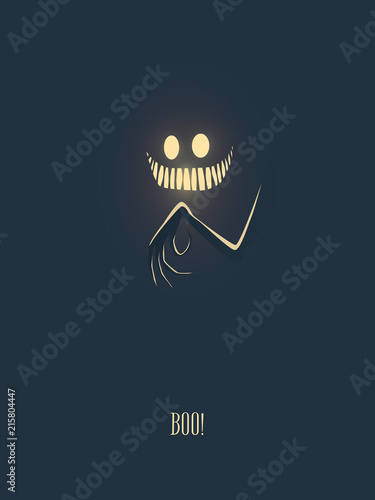 Happy halloween vector illustration card with monster glowing in the dark night, his hand with creepy fingers and mouth full of scary teeth. Party invitation card template.