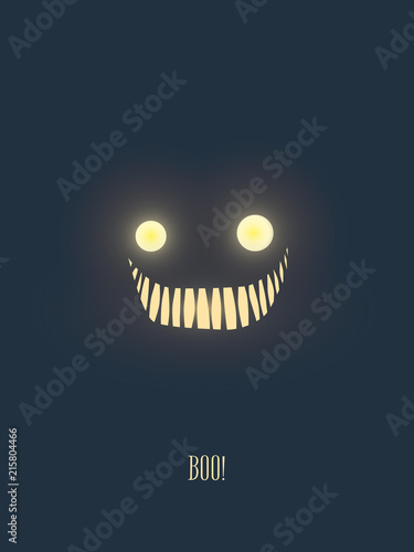 Halloween party invitation card template with scary but friendly monster face glowing in the dark night.