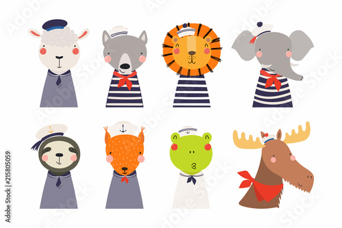 фотографія Set of cute funny little animals sailors lion, sheep, wolf, frog, moose, squirrel, elephant, sloth