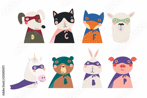 Set of cute funny little animals superheroes cat, bear, unicorn, llama, dog, fox, pig, bunny. Isolated objects on white. Vector illustration. Scandinavian style flat design. Concept for children print