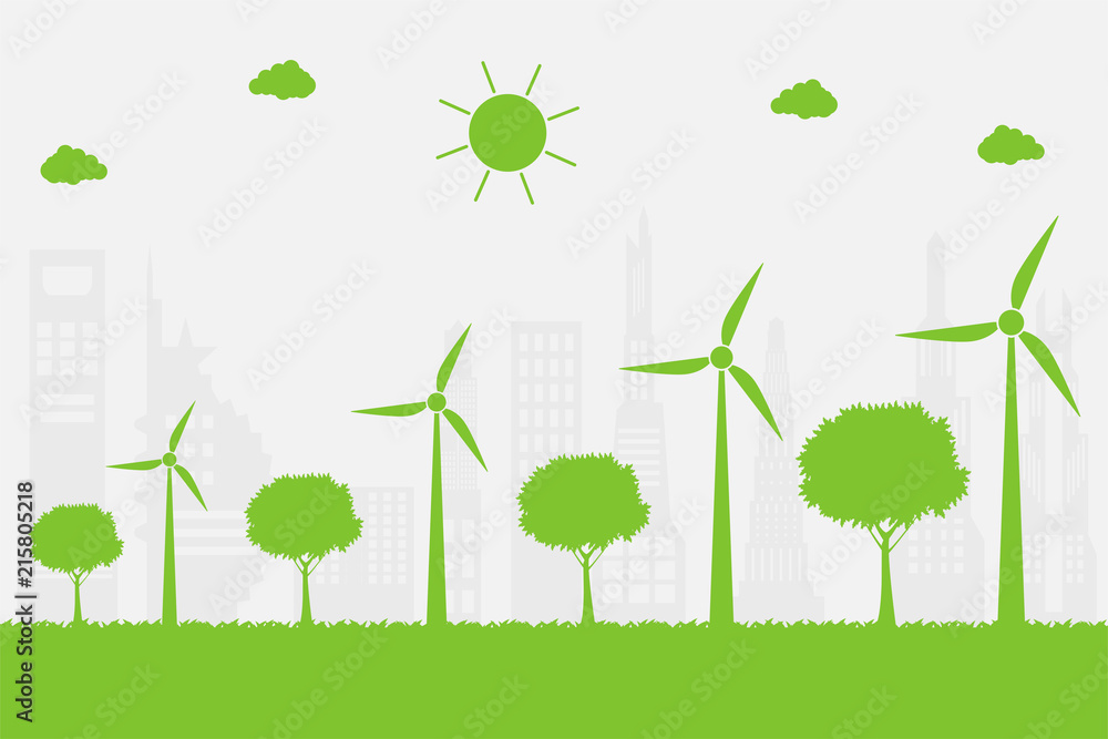 Wind turbines with trees and sun Clean energy with eco-friendly concept ideas on city background.vector illustration