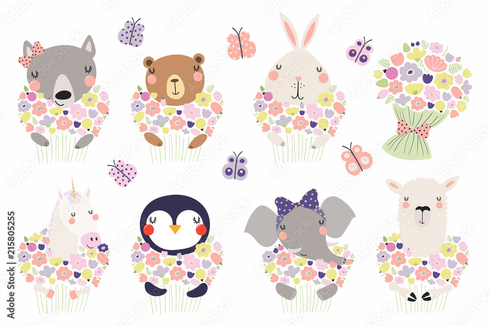 Set of cute funny little animals with flowers bear, unicorn, llama, penguin, bunny, wolf, elephant. Isolated objects on white. Vector illustration. Scandinavian style design. Concept children print
