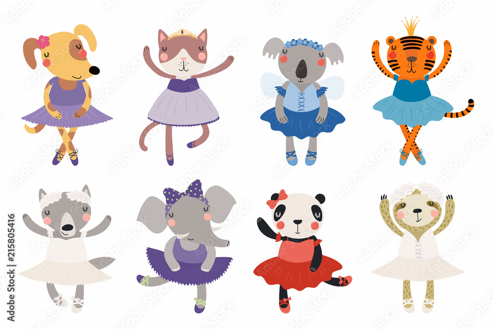 Set of cute funny little animals ballerinas cat, koala, panda, tiger, dog, wolf, sloth, elephant. Isolated objects on white. Vector illustration. Scandinavian style flat design. Concept children print Set of cute funny little animals ballerinas cat, koala, panda, tiger, dog, wolf, sloth, elephant. Isolated objects on white. Vector illustration. Scandinavian style flat design. Concept children print