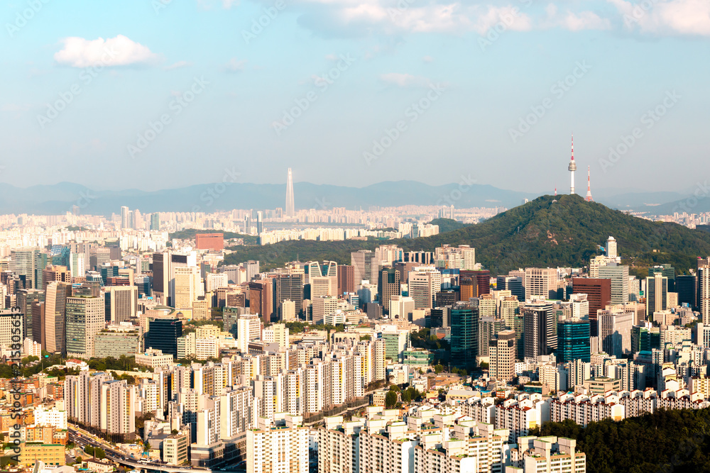 Beautiful view of Namsan tower from the Asan Mountain, Seoul, South Korea.