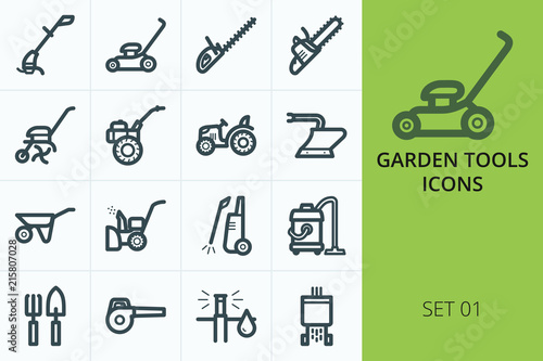 Garden tools icons set. Set of trimmer, lawn mower, high pressure
