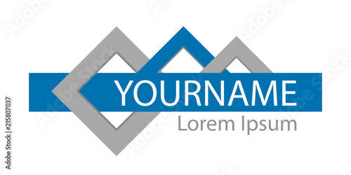 Logo with three part abstract elements. Blue geometric frame. Vector