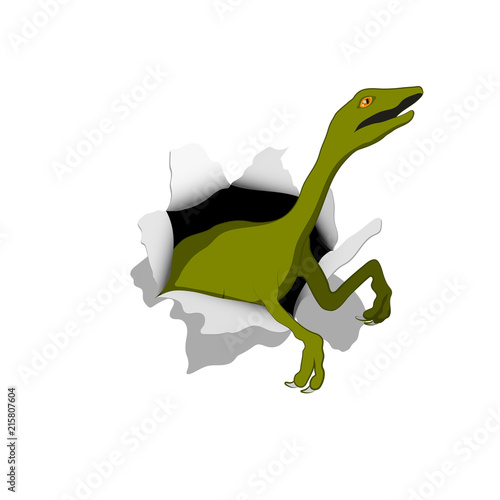 Small dinosaur  in isometric style. Reptile emerges from hole. Isolated image of jurassic monster. Cartoon dino 3d icon. Vector illustration