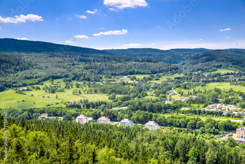 Aerial view of rural landscape in mountain valley  town and houses in nature