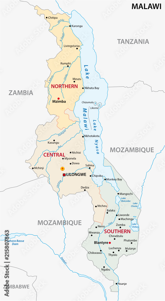 republic of malawi administrativ and political map