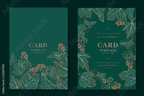Wedding Invitation, floral invite thank you, rsvp modern card Design in Copper peony with tropical palm leaf greenery eucalyptus branches in emerald background