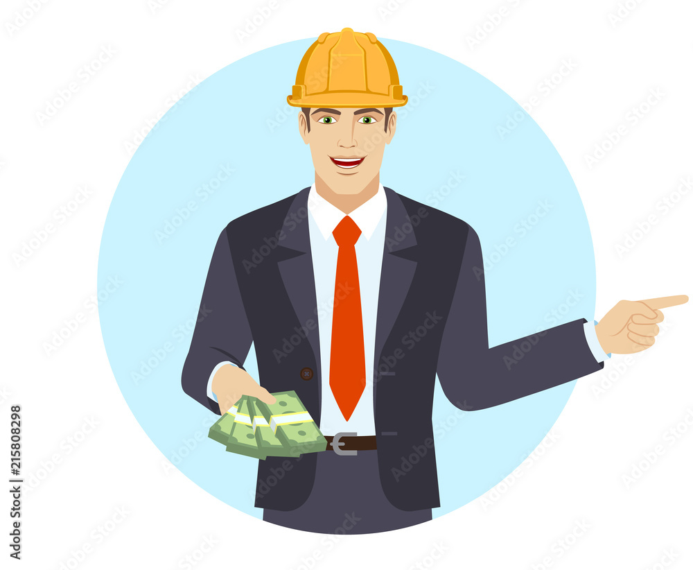 Businessman in construction helmet with money showing somewhere. Portrait of businessman in a flat style. Vector illustration. Businessman in construction helmet with money showing somewhere. Portrait of businessman in a flat style. Vector illustration.