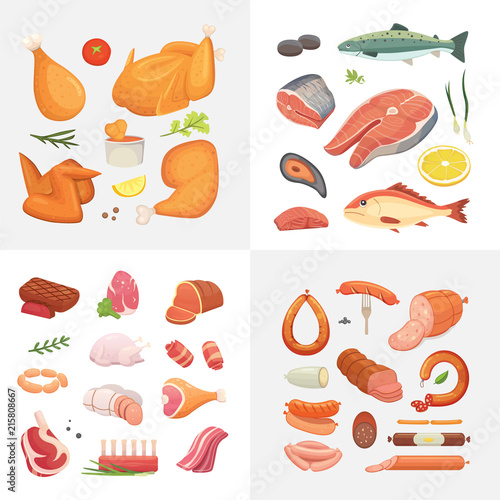 Different kind of meat food icons set vector. Raw ham, set grill chiken, piece of pork, meatloaf, whole leg, beef and sausages. Salmon fish and seafood.