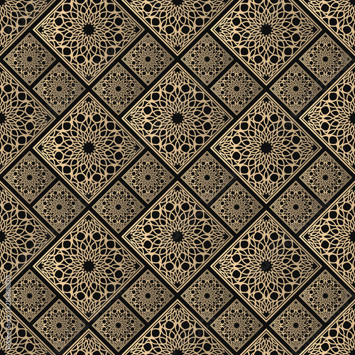 Seamless pattern oriental ornament. Black and golden textile print. Islamic vector design. Floral tiles.