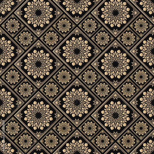 Seamless pattern oriental ornament. Black and golden textile print. Islamic vector design. Floral tiles.