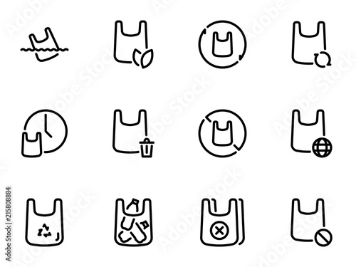 Set of black vector icons, isolated on white background, on theme plastic bags and ecology
