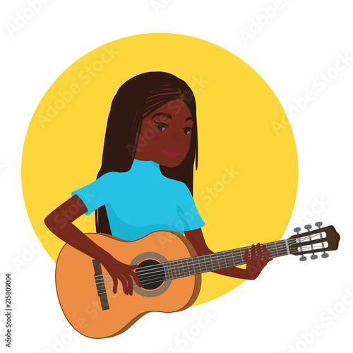 Musician playing guitar. African girl guitarist is inspired to play a classical musical instrument. Vector illustration in flat cartoon style in circle on white background for your design and print.