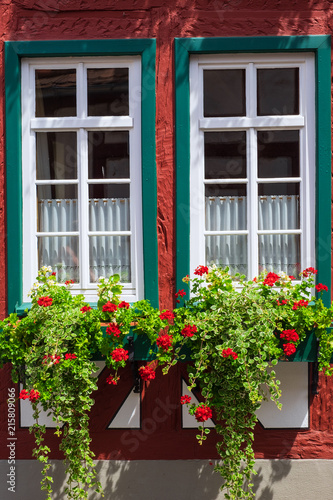 Zwei Fenster mit Blumenschmuck