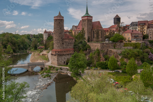 View to the Nuremberg tower near the river and bridge from the hill, panorama